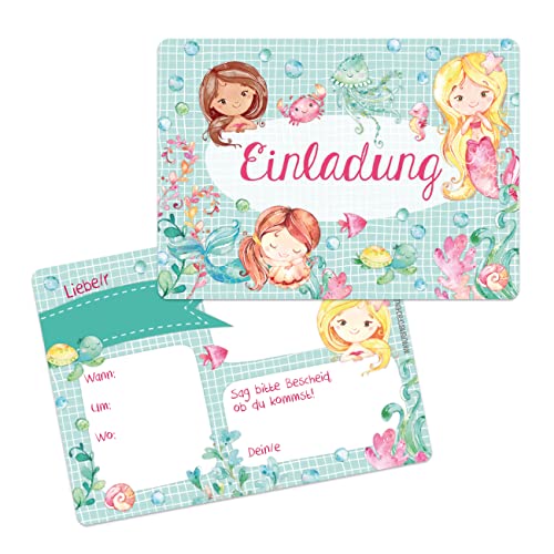 Papierdrachen 12 Einladungskarten zum Geburtstag für Kinder - Motiv Meerjungfrau - Geburtstagseinladungen für deine Geburtstagsparty (DIN A6 mit abgerundeten Ecken) von Papierdrachen