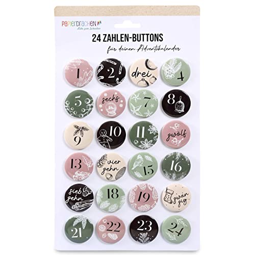 Papierdrachen 24 Adventskalender-Zahlen Buttons 35mm - Anstecknadeln zum Dekorieren von Adventskalendern - mit Zahlen von 1-24 - Pastell - Ideal für Stoffsäckchen, Tüten und Beutel von Papierdrachen