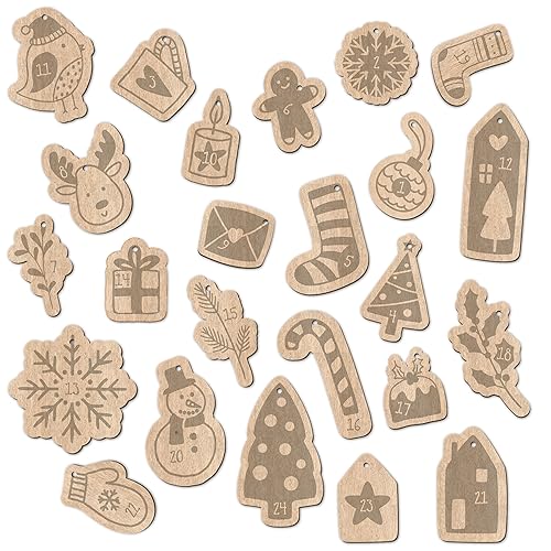 Papierdrachen 24 Adventskalender Zahlen aus Holz mit Baumwollschnur - weihnachtliche Motive - Elegante Deko für deinen Weihnachtskalender - für Kinder und Erwachsene - Set 8 von Papierdrachen