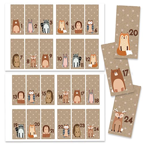 Papierdrachen 24 Adventskalender Zahlenaufkleber - Waldtiere Nr 34 - Sticker 4cm - zum Basteln und Dekorieren von Papierdrachen