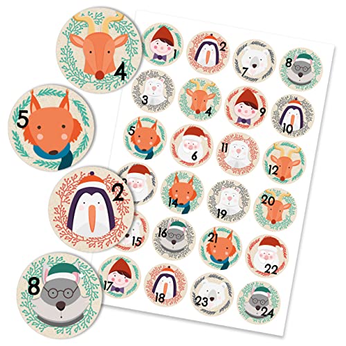 Papierdrachen 24 Adventskalenderzahlen Aufkleber - Packpapier Weihnachtsmotive Nr 27 - Sticker 4 cm - zum Basteln und Dekorieren von Papierdrachen