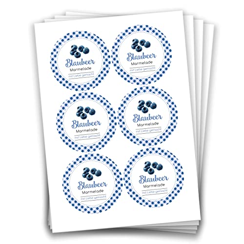 Papierdrachen 24 Marmeladen-Aufkleber | Selbstklebende Etiketten für selbst gemachte Blaubeer-Marmelade - 4 cm große Sticker für Eingekochtes - Homemade zum Selbst beschriften - gut ablösbar von Papierdrachen