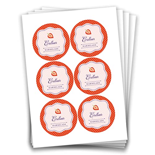 Papierdrachen 24 Marmeladen-Aufkleber | Selbstklebende Etiketten für selbst gemachte Erdbeer-Marmelade Design 2-4 cm große Sticker für Eingekochtes - Homemade zum Selbst beschriften - gut ablösbar von Papierdrachen
