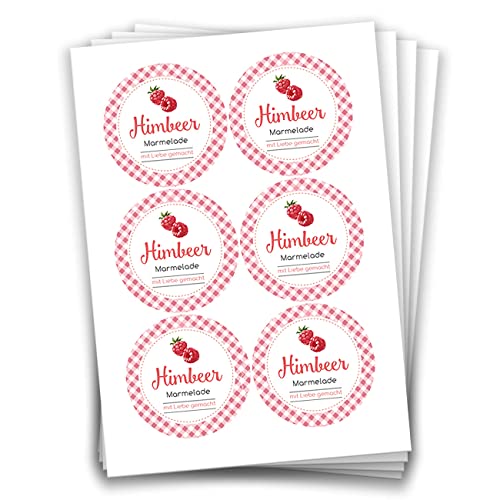 Papierdrachen 24 Marmeladen-Aufkleber | Selbstklebende Etiketten für selbst gemachte Himbeer-Marmelade - 4 cm große Sticker für Eingekochtes - Homemade zum Selbst beschriften - gut ablösbar von Papierdrachen