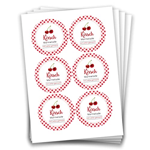 Papierdrachen 24 Marmeladen-Aufkleber | Selbstklebende Etiketten für selbst gemachte Kirsch-Marmelade - 4 cm große Sticker für Eingekochtes - Homemade zum Selbst beschriften - gut ablösbar von Papierdrachen