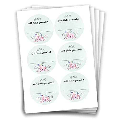 Papierdrachen 24 Selbstklebende Etiketten zum Beschriften - z.B. für selbst gemachte Marmelade - Mit Liebe gemacht - Blumen - 4 cm große Sticker für Eingekochtes - Homemade - Marmeladen-Aufkleber von Papierdrachen