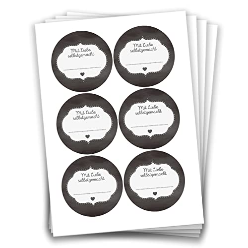 Papierdrachen 24 Selbstklebende Etiketten zum Beschriften - z.B. für selbst gemachte Marmelade - Mit Liebe gemacht - Schwarz - 4 cm große Sticker für Eingekochtes - Homemade - Marmeladen-Aufkleber von Papierdrachen