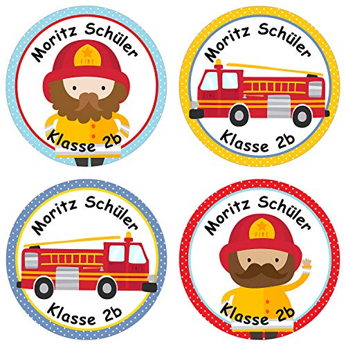 24 individuelle Aufkleber für Kinder - Motiv Feuerwehr - personalisierte Sticker - Perfekt zur Einschulung - Geschenk für die Schule - Namensaufkleber und Schulbuchetiketten von Papierdrachen