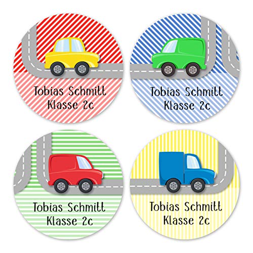 Papierdrachen 24 individuelle Namensaufkleber zum Markieren von Heften und Schul-Büchern - Autos - personalisierte Sticker für Kinder - Geschenk zur Einschulung - Schulbuchetiketten von Papierdrachen