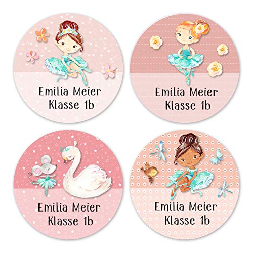 Papierdrachen 24 individuelle Namensaufkleber zum Markieren von Heften und Schul-Büchern - Ballerina - personalisierte Sticker für Kinder - Geschenk zur Einschulung - Schulbuchetiketten von Papierdrachen