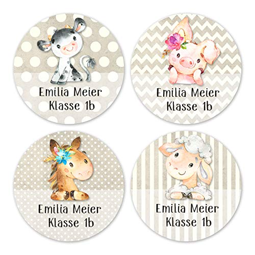 Papierdrachen 24 individuelle Namensaufkleber zum Markieren von Heften und Schul-Büchern - Bauernhof - personalisierte Sticker für Kinder - Geschenk zur Einschulung - Schulbuchetiketten von Papierdrachen