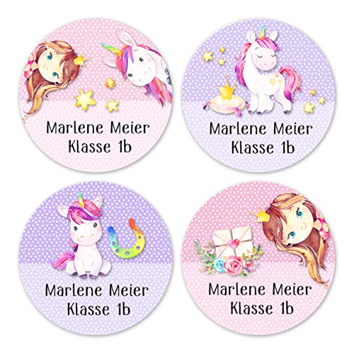 Papierdrachen 24 individuelle Namensaufkleber zum Markieren von Heften und Schul-Büchern - Einhörner und Prinzessinnen - personalisierte Sticker für Kinder - Geschenk zur Einschulung von Papierdrachen