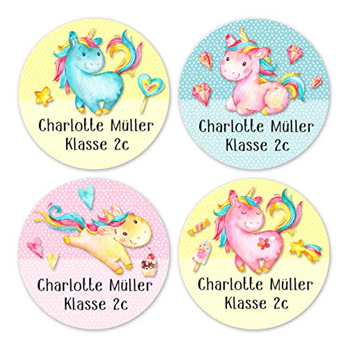 Papierdrachen 24 individuelle Namensaufkleber zum Markieren von Heften und Schul-Büchern - Einhorn aquarell - personalisierte Sticker für Kinder - Geschenk zur Einschulung - Schulbuchetiketten von Papierdrachen