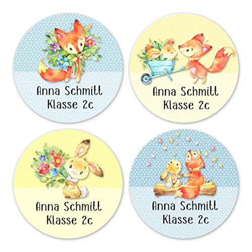 Papierdrachen 24 individuelle Namensaufkleber zum Markieren von Heften und Schul-Büchern - Hase und Fuchs - personalisierte Sticker für Kinder - Geschenk zur Einschulung - Schulbuchetiketten von Papierdrachen