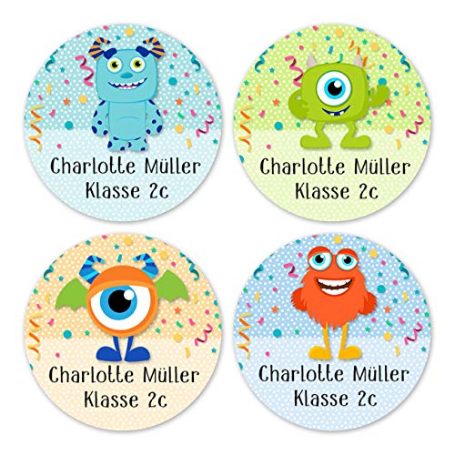 Papierdrachen 24 individuelle Namensaufkleber zum Markieren von Heften und Schul-Büchern - Monster - personalisierte Sticker für Kinder - Geschenk zur Einschulung - Schulbuchetiketten von Papierdrachen
