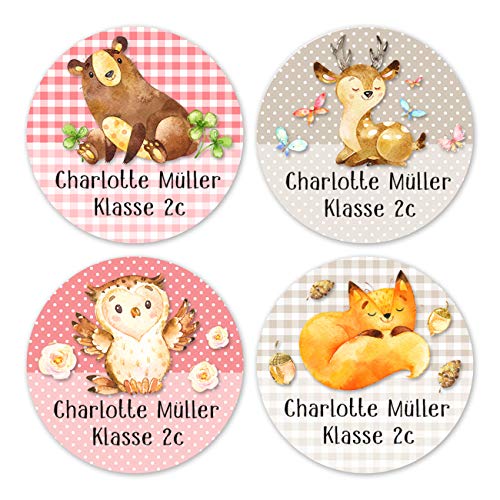 Papierdrachen 24 individuelle Namensaufkleber zum Markieren von Heften und Schul-Büchern - Waldfreunde - personalisierte Sticker für Kinder - Geschenk zur Einschulung - Schulbuchetiketten von Papierdrachen