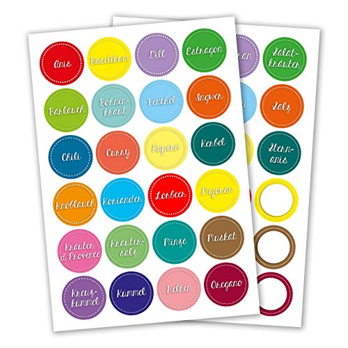 Papierdrachen 24 runde selbstklebende Gewürzetiketten/Gewürzaufkleber - Ideal für Gewürz-Regale, Dosen und Gläser - elegante, moderne und zeitlose Sticker Ø 4cm - Motiv Bunt Set 4 von Papierdrachen