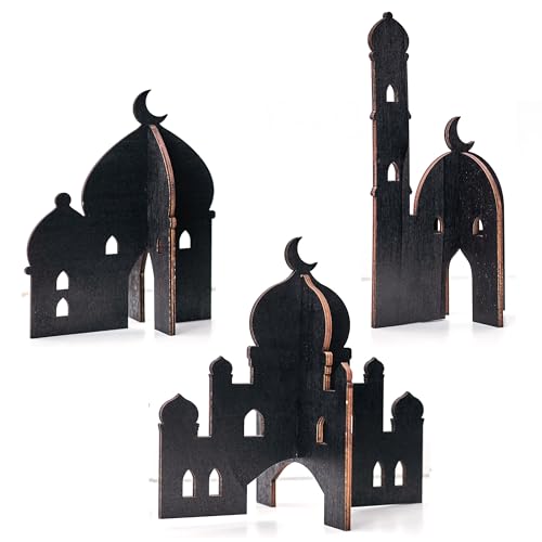 Papierdrachen 3 Verschiedene Holz Moscheen zum Stecken - Ramadan Dekoration - Leichter Aufbau - Tischdekoration Eid Mubarak - schwarz - wiederverwendbar - von Papierdrachen