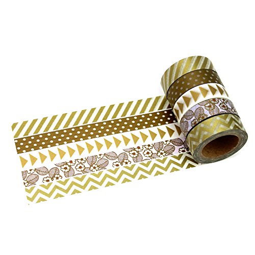 Papierdrachen 5 Rollen Washi Tape - Gold 2 - Klebeband zum Dekorieren von Bullet Journals und Geschenken - Masking Tape Set für Scrapbooking und DIY-Projekte von Papierdrachen