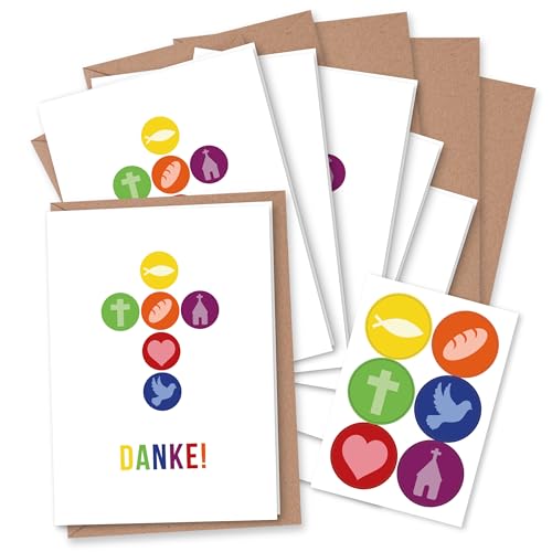 Papierdrachen 6 Dankeskarten für christliche Feste wie Taufe, Kommunion, Konfirmation, Firmung - Motiv Kreuz - Klappkarten mit Umschlag und passenden Stickern- DIN A6 - Set 8 von Papierdrachen