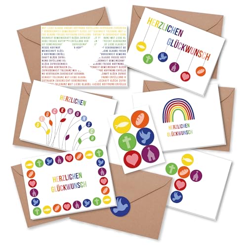 Papierdrachen 6 Glückwunschkarten für christliche Feste wie Taufe, Kommunion, Konfirmation, Firmung - Motiv Regenbogen - Klappkarten mit Umschlag und passenden Stickern- DIN A6 - Set 2 von Papierdrachen