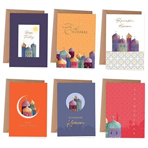Papierdrachen 6 Klappkarten zu Ramadan | 6 Grußkarten als Klappkarte inklusive Umschlag zum Zuckerfest - Grüße an die Familie - Stilvolles Design zu Ramadan - Motiv bunt & goldfoliert - Set 2 von Papierdrachen