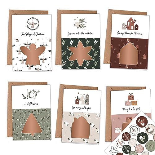 Papierdrachen 6 Klappkarten zum Freirubbeln zu Weihnachten in DIN A6 - mit 6 Packpapierumschlägen und passenden Dekoaufklebern - Verschicke einzigartige Weihanchtspost - Hygge - Set 02 von Papierdrachen