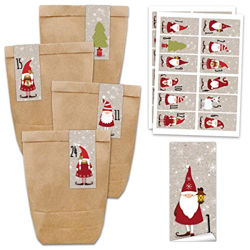 Papierdrachen Adventskalender Set - 24 braune Papiertüten und 24 eckige Zahlenaufkleber mit Nikolaus - zum Selbermachen und Befüllen - Mini Set Nr 62 - Weihnachten von Papierdrachen