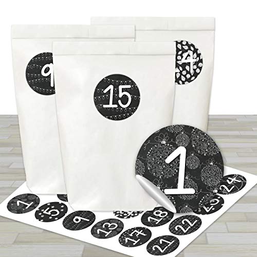 Papierdrachen - Adventskalender Set - 24 weiße Papiertüten und 24 schwarz-weiße Zahlenaufkleber - zum basteln und zum befüllen von Papierdrachen