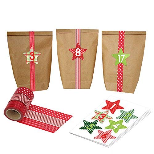 Papierdrachen Adventskalender mit Washi Tape - zum selber Basteln und Befüllen - rot - mit 24 Zahlenaufklebern und Papiertüten - Set 37 von Papierdrachen