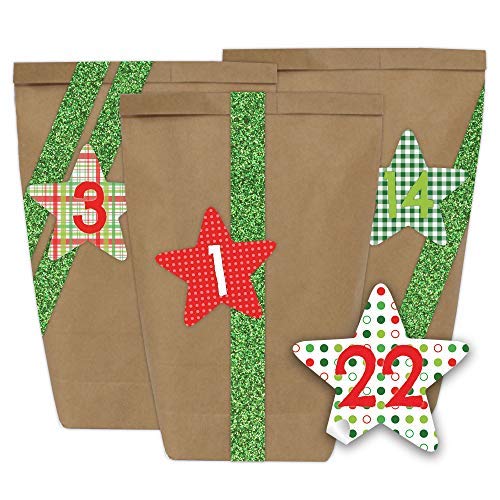 Papierdrachen Adventskalender zum Befüllen - 24 Papiertüten mit Aufklebern (Größe-Form) und Glitzer Washi Tape in grün - Mini Set Nr. 37 - Weihnachten von Papierdrachen