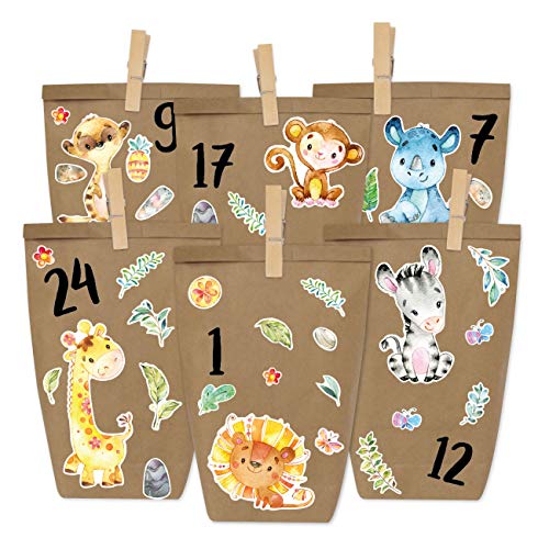 Papierdrachen Adventskalender zum Befüllen - Afrikanische Tiere zum Aufkleben - mit 24 braunen Papiertüten und tollen Stickern für Kinder - Weihnachten von Papierdrachen