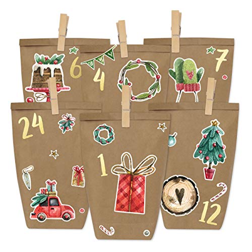 Papierdrachen Adventskalender zum Befüllen - Aquarell zum Aufkleben - mit 24 braunen Papiertüten und tollen Stickern für Kinder - Weihnachten von Papierdrachen