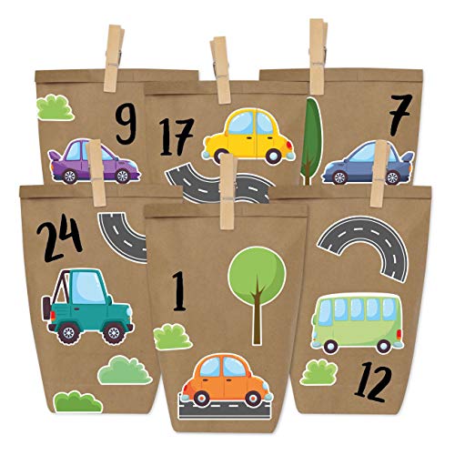 Papierdrachen Adventskalender zum Befüllen - Auto zum Aufkleben - mit 24 braunen Papiertüten und tollen Stickern für Kinder - Weihnachten von Papierdrachen