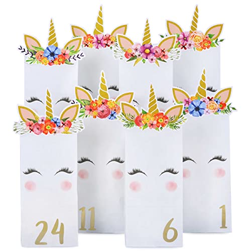Papierdrachen Adventskalender zum Befüllen - Kraftpapier Set - ausgestanzte Einhörner - mit 24 weißen bedruckten Papiertüten zum Basteln und zum Selbermachen von Papierdrachen