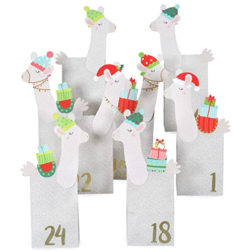 Papierdrachen Adventskalender zum Befüllen - Kraftpapier Set - ausgestanzte Lamas - mit 24 weiß-gemusterten Papiertüten zum Basteln und zum Selbermachen von Papierdrachen