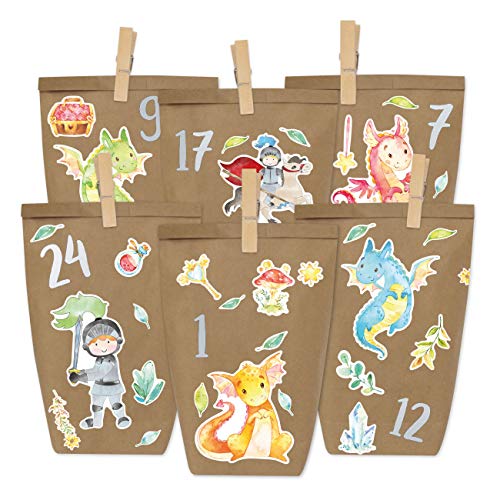 Papierdrachen Adventskalender zum Befüllen - Ritter und Drachen zum Aufkleben - mit 24 braunen Papiertüten und tollen Stickern für Kinder - Weihnachten von Papierdrachen