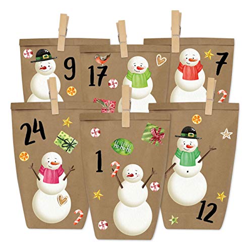 Papierdrachen Adventskalender zum Befüllen - Schneemann zum Aufkleben - mit 24 braunen Papiertüten und tollen Stickern für Kinder - Weihnachten von Papierdrachen