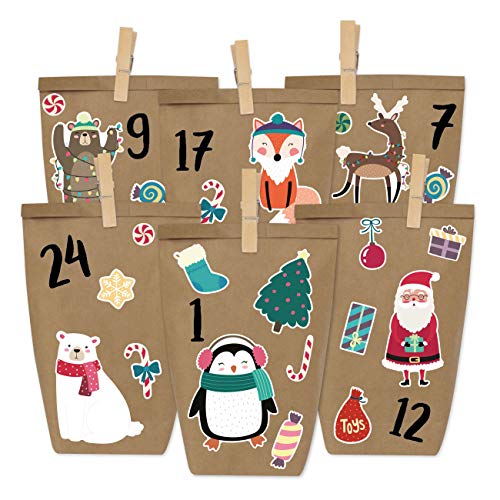 Papierdrachen Adventskalender zum Befüllen - Weihnachtstiere zum Aufkleben - mit 24 braunen Papiertüten und tollen Stickern für Kinder - Weihnachten von Papierdrachen