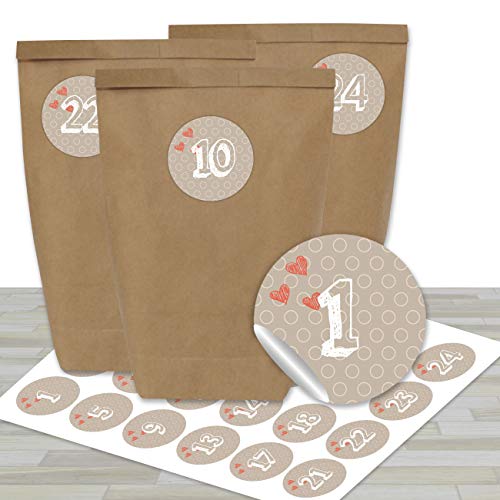 Papierdrachen Adventskalender zum Befüllen - mit 24 braunen Papiertüten und 24 beigen Aufklebern - zum Selbermachen und Basteln - Mini Set Nr 11 - Weihnachtskalender für Kinder von Papierdrachen