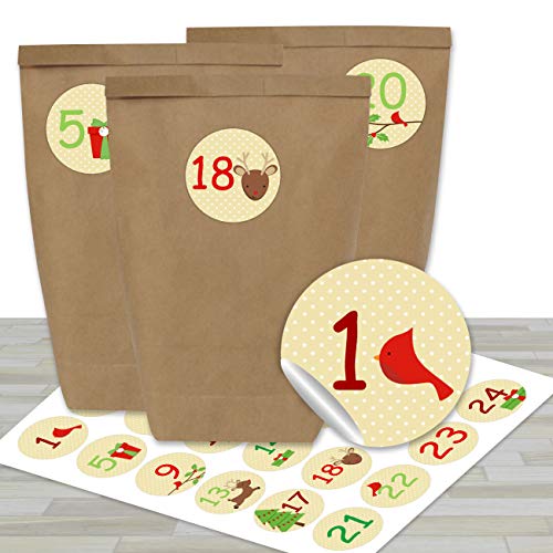 Papierdrachen Adventskalender zum Befüllen - mit 24 braunen Papiertüten und 24 beigen Aufklebern - zum Selbermachen und Basteln - Mini Set Nr 19 - Weihnachtskalender für Kinder von Papierdrachen