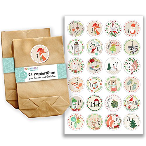 Papierdrachen Adventskalender zum Befüllen - mit 24 braunen Papiertüten und 24 bunt bedruckten Aufklebern - zum Selbermachen und Basteln - Mini Set Nr 22 - Weihnachtskalender für Kinder von Papierdrachen