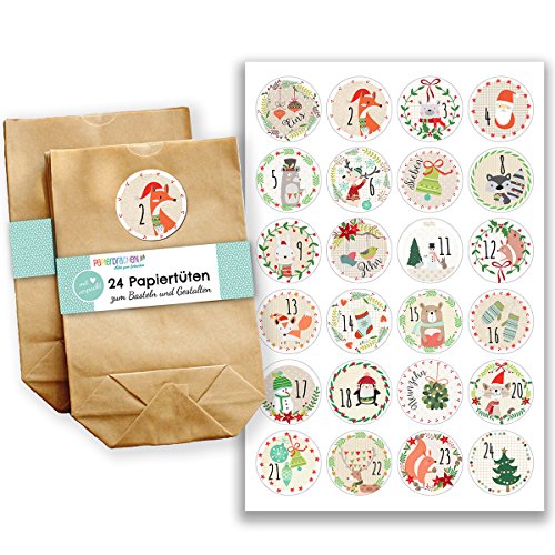 Papierdrachen Adventskalender zum Befüllen - mit 24 braunen Papiertüten und 24 bunt bedruckten Aufklebern - zum Selbermachen und Basteln - Mini Set Nr 22 - Weihnachtskalender für Kinder Papierdrachen Adventskalender zum Befüllen - mit 24 braunen Papiertüten und 24 bunt bedruckten Aufklebern - zum Selbermachen und Basteln - Mini Set Nr 22 - Weihnachtskalender für Kinder von Papierdrachen