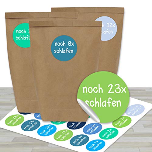 Papierdrachen Adventskalender zum Befüllen - mit 24 braunen Papiertüten und 24 grün-blauen Aufklebern - zum Selbermachen und Basteln - Mini Set Nr 10 - Weihnachtskalender für Kinder von Papierdrachen