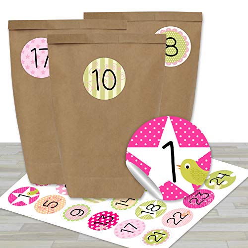 Papierdrachen Adventskalender zum Befüllen - mit 24 braunen Papiertüten und 24 rosa-grünen Aufklebern - zum Selbermachen und Basteln - Mini Set Nr 14 - Weihnachtskalender für Kinder von Papierdrachen