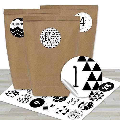 Papierdrachen Adventskalender zum Befüllen - mit 24 braunen Papiertüten und 24 schwarz-weißen Aufklebern - zum Selbermachen und Basteln - Mini Set Nr 4 - Weihnachtskalender für Kinder von Papierdrachen