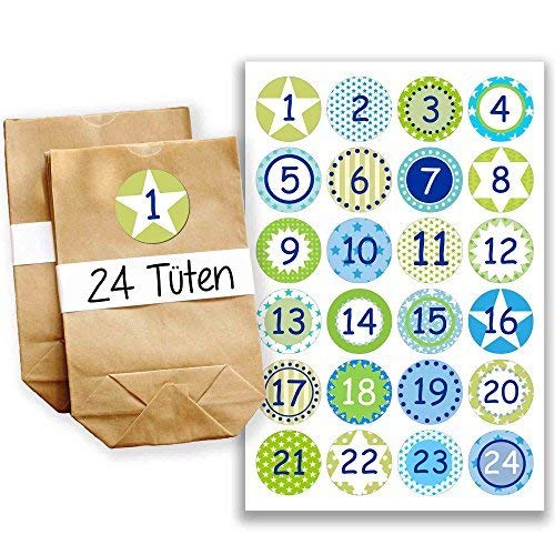 Papierdrachen Adventskalender zum Befüllen - mit 24 braunen Papiertüten und 24 türkis-grünen Aufklebern - zum Selbermachen und Basteln - Mini Set Nr 13 - Weihnachtskalender für Kinder von Papierdrachen