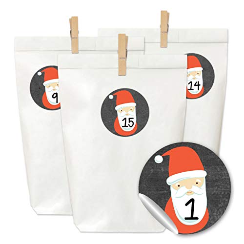 Papierdrachen Adventskalender zum Befüllen und Basteln - 24 weiße Papiertüten, 24 Zahlenaufkleber und 24 Holzklammern - Motiv Nikolaus für Kinder und Erwachsene - Set Nummer 23 von Papierdrachen