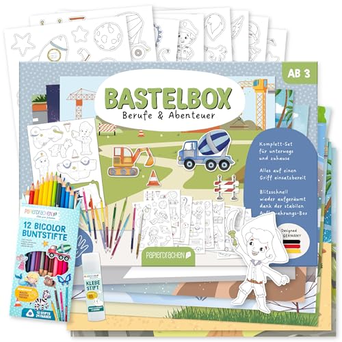 Papierdrachen Bastelbox Berufe & Abenteuer – Komplett-Set -inkl. Stanzbögen u. Hintergründen – 12 Bicolor-Farbstifte - Klebestift - Aufbewahrungsbox - kreatives Lernen von Papierdrachen
