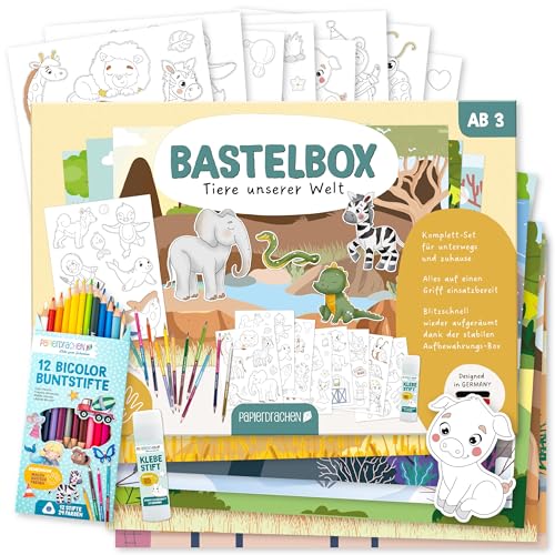 Papierdrachen Bastelbox Tiere unserer Welt – Komplett-Set -inkl. Stanzbögen u. Hintergründen – 12 Bicolor-Farbstifte - Klebestift - Aufbewahrungsbox - kreatives Lernen Papierdrachen Bastelbox Tiere unserer Welt – Komplett-Set -inkl. Stanzbögen u. Hintergründen – 12 Bicolor-Farbstifte - Klebestift - Aufbewahrungsbox - kreatives Lernen von Papierdrachen
